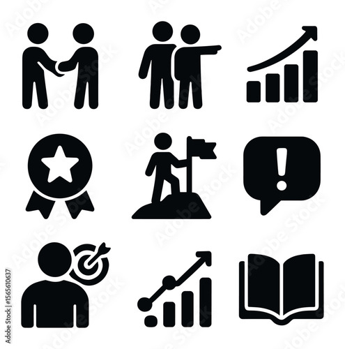 Mentorship Icons Grid. Solid, filled icons set of mentorship and coaching: mentor handshake, guidance icon,