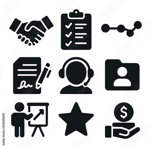 Client Onboarding Icons. Solid, filled icons set of client onboarding process: welcome handshake, checklist