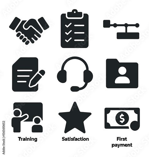 Client Onboarding Icons. Solid, filled icons set of client onboarding process: welcome handshake, checklist