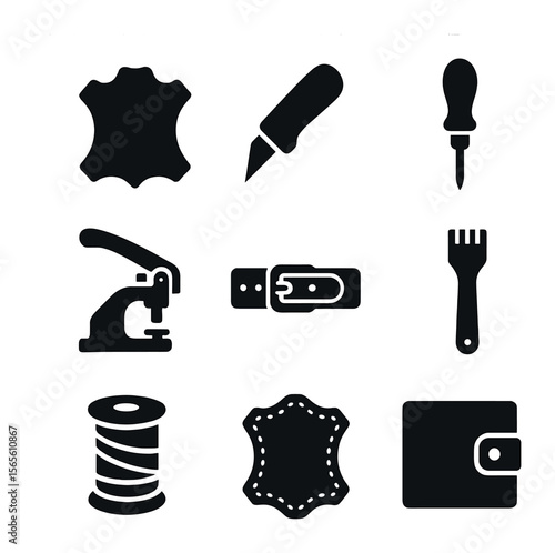 Leather Crafting Icons. Solid, filled icons set of leather crafting and tooling: leather hide, cutting blade,