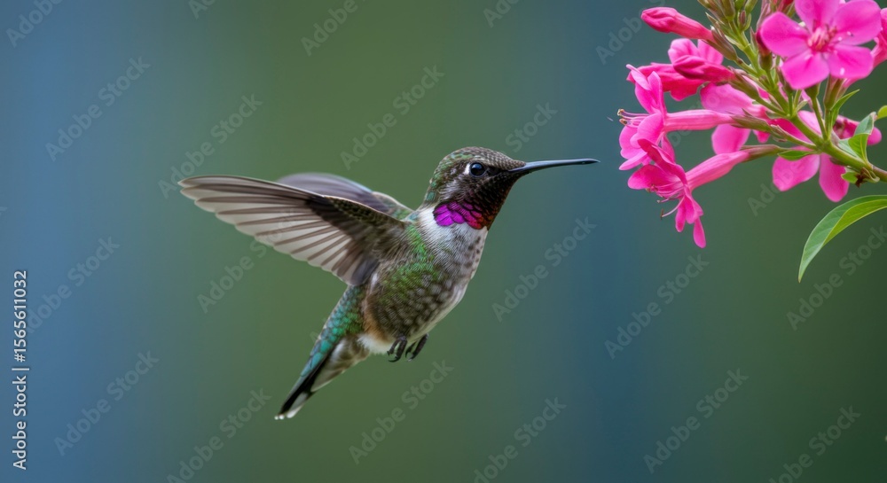 Fototapeta premium Hummingbird in Flight Near Pink Flowers