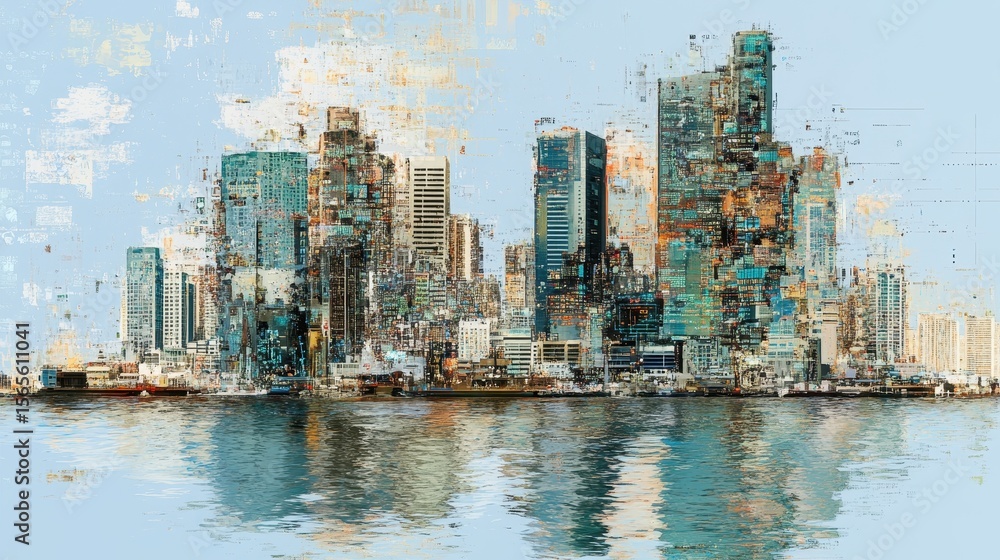 Fototapeta premium Abstract cityscape, painted in a collage style.