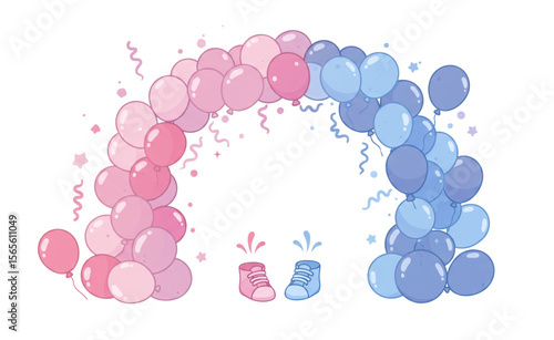 Celebrate with a whimsical gender reveal graphic featuring pink and blue balloons forming an arch with cute baby shoes, perfect for invitations.