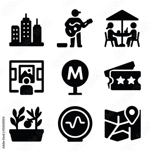 Urban Culture Icons. Solid, filled icons set of urban cultural movements: city skyline, street musician, café