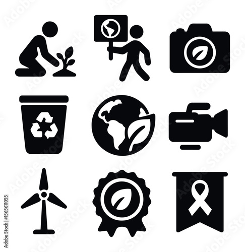 Eco Icons Grid. Solid, filled icons set of environmental cultural essays: tree planting, climate march, nature