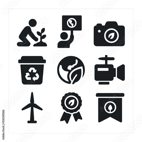 Eco Icons Grid. Solid, filled icons set of environmental cultural essays: tree planting, climate march, nature