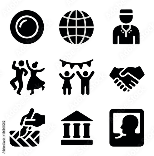 Cultural Diversity Icons. Solid, filled icons set of photographic essays on cultural diversity: camera lens,