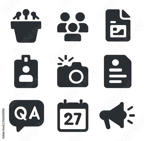 Conference Icon Set. Solid, filled icons set of press conference and events: podium with microphones, audience