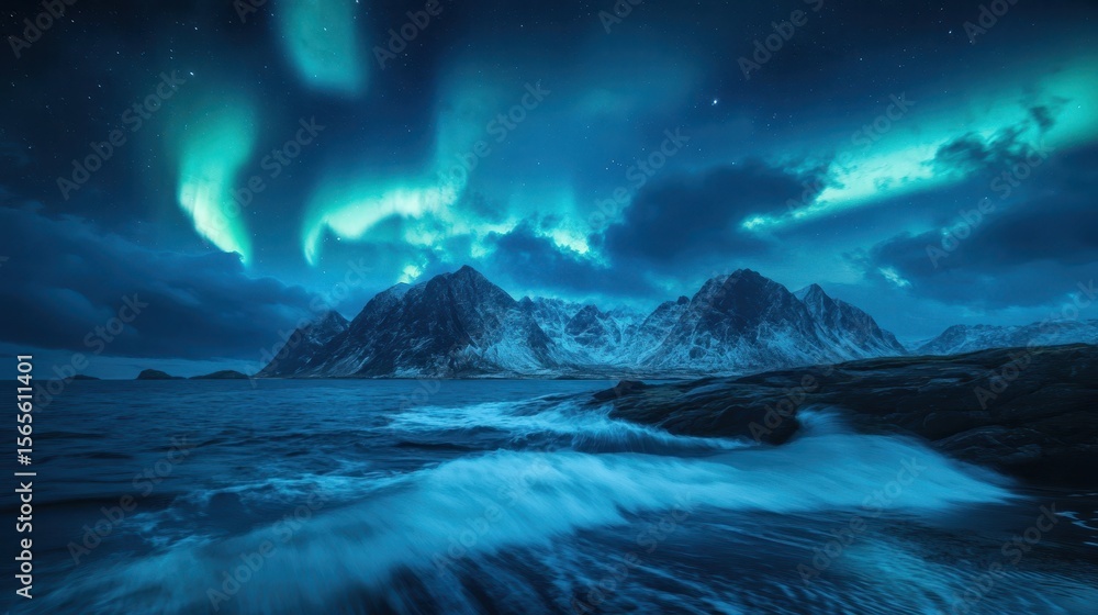 Fototapeta premium Festive Yuletide Shores: Enchanting Winter Skies Above the Ocean with Northern Lights Over Serene Waves
