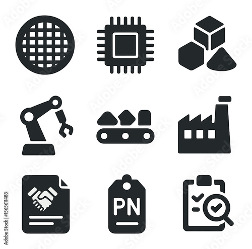 Tech Production Icons. Solid, filled icons set of component sourcing and production: silicon wafer, microchip,