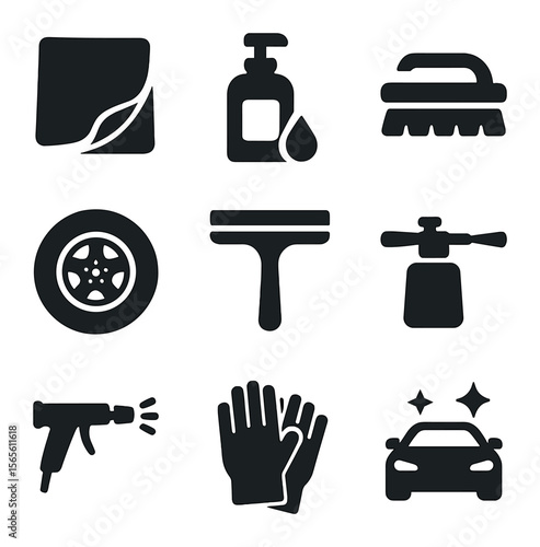 Car Cleaning Tools. Solid, filled icons set of detailing and cleaning tools: microfiber cloth, soap bottle,
