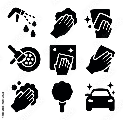 Car Wash Icon Set. Solid, filled icons set of washing techniques and steps: rinse spray, soaping motion,