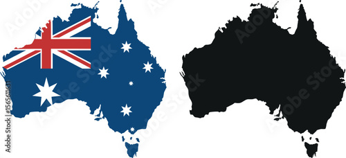 Australia map with national flag and black silhouette side by side