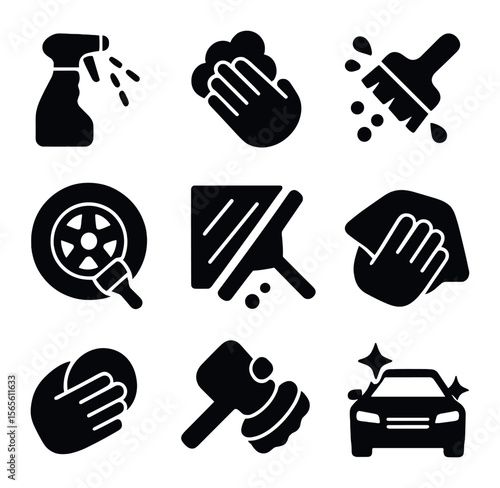 Car Wash Icon Set. Solid, filled icons set of washing techniques and steps: rinse spray, soaping motion,