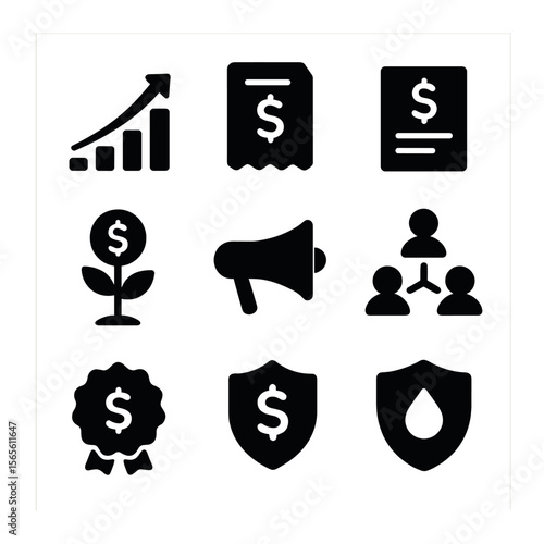 Modern Icons Collection. Solid, filled icons set of independent business growth: upward graph, invoice