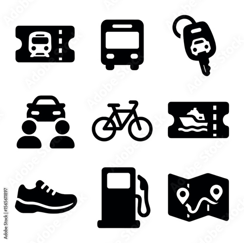 Cost-Saving Transport Icons. Solid, filled icons set of cost-saving transportation: train ticket, bus pass,