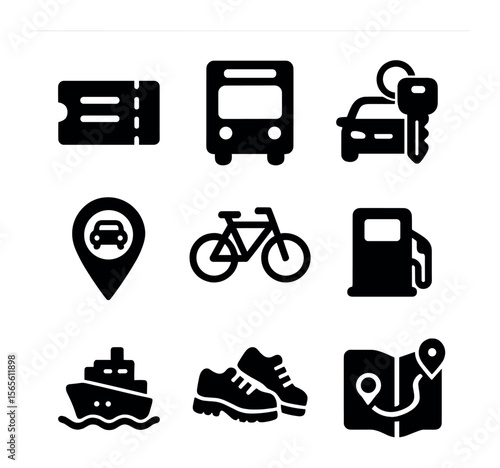 Cost-Saving Transport Icons. Solid, filled icons set of cost-saving transportation: train ticket, bus pass,