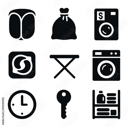 Dorm Laundry Essentials Icons. Solid, filled icons set of dorm laundry essentials: pop-up hamper, laundry bag,