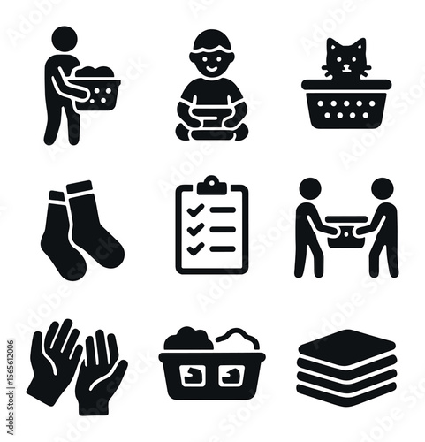 Family Laundry Icons. Solid, filled icons set of family laundry activities: parent carrying basket, child