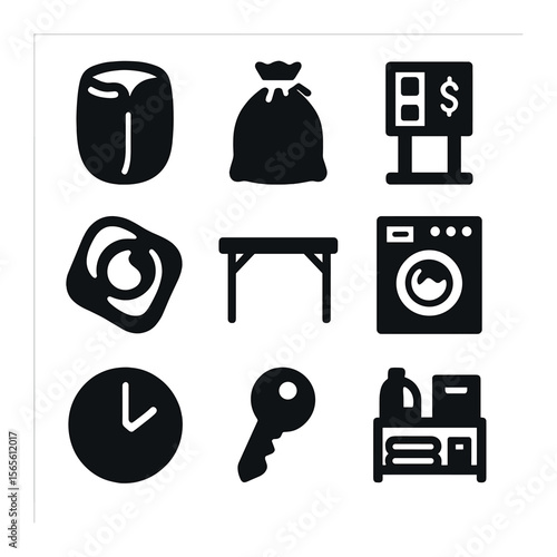 Dorm Laundry Essentials Icons. Solid, filled icons set of dorm laundry essentials: pop-up hamper, laundry bag,