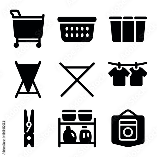Laundry Room Icons. Solid, filled icons set of laundry room organization: rolling laundry cart, labeled basket