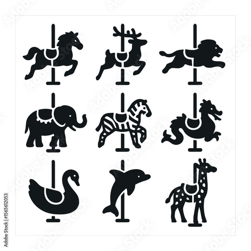 Carousel Animal Icons. Solid, filled icons set of themed carousel animals: galloping horse, prancing deer,