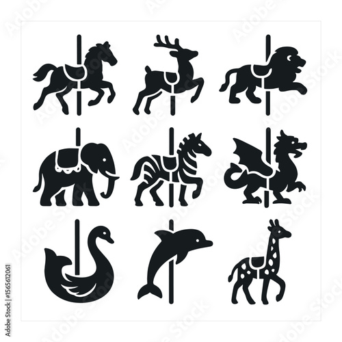 Carousel Animal Icons. Solid, filled icons set of themed carousel animals: galloping horse, prancing deer,
