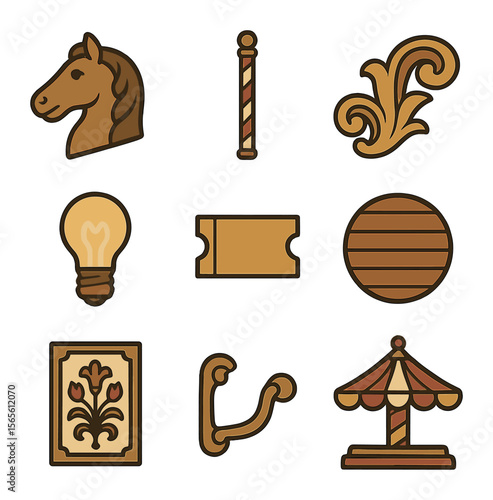Vintage Carousel Icons. Solid, filled icons set of vintage carousel aesthetics: carved horse head, painted