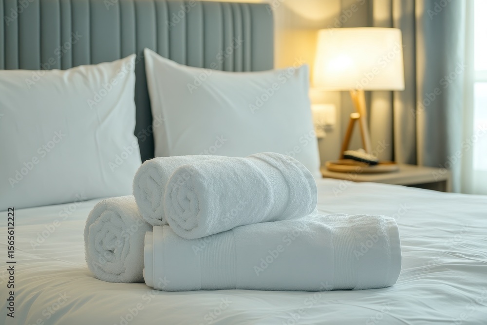 Obraz premium Serene Hotel Haven: Fresh Linens and Cozy Decor in a Brightly Lit Room