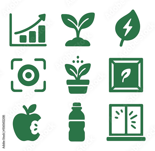 Green Workspace Icons. Solid, filled icons set of productive green workspace: growth chart, fresh plant sprout