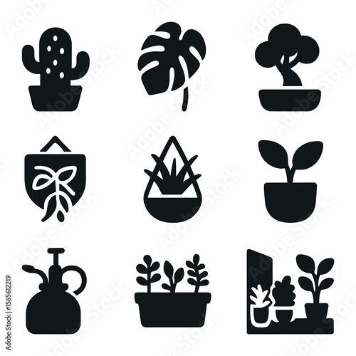 Workspace Greenery Icons. Solid, filled icons set of workspace greenery ideas: desktop cactus, monstera leaf,