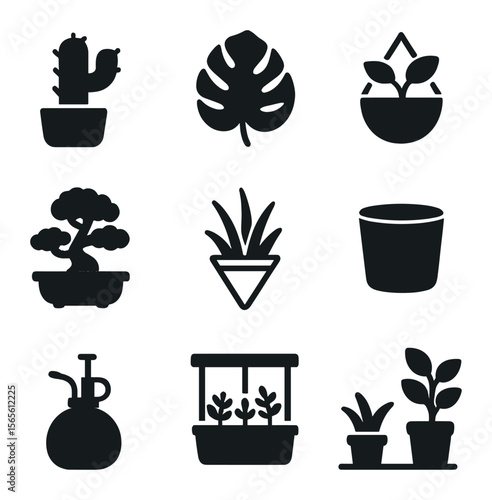 Workspace Greenery Icons. Solid, filled icons set of workspace greenery ideas: desktop cactus, monstera leaf,