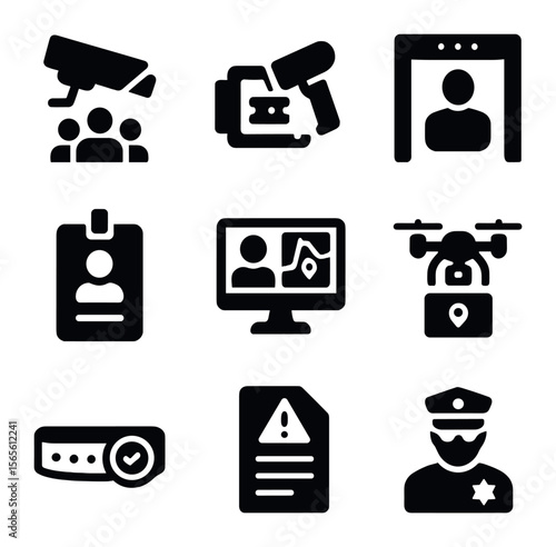 Event Security Icons. Solid, filled icons set of event and venue monitoring: crowd camera, ticket scanner,