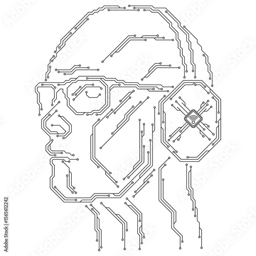 The digital mind. The contours of a person's face wearing glasses and wireless headphones are formed from thin lines that mimic tracks on a printed circuit board. White background.