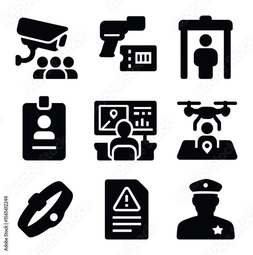 Event Security Icons. Solid, filled icons set of event and venue monitoring: crowd camera, ticket scanner,