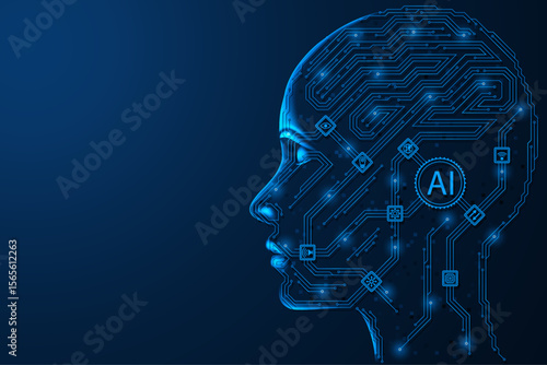 The digital profile of artificial intelligence. A central processor connecting chips and circuit tracks simulating electronic connections. Synthesis of thinking and synthetic intelligence.