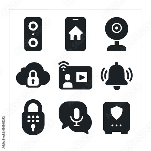Smart Home Icons. Solid, filled icons set of smart home monitoring: doorbell camera, mobile app screen, indoor