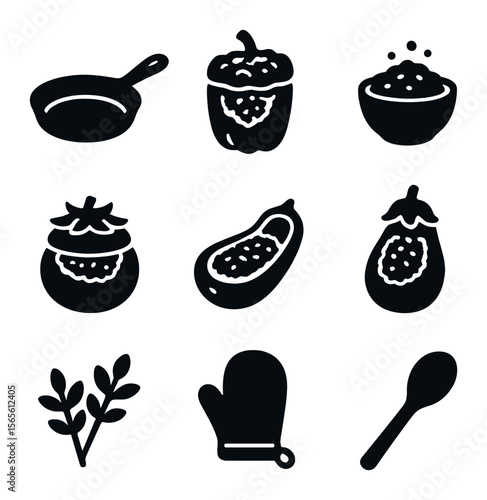 Rustic Stuffed Veggies Icons. Solid, filled icons set of rustic stuffed vegetables: cast iron skillet, hearty