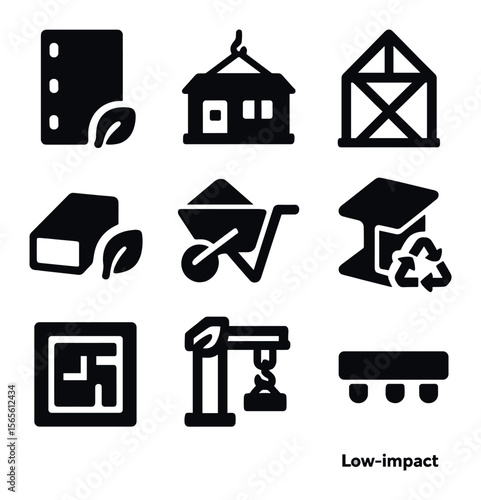 Eco Construction Icons. Solid, filled icons set of eco-friendly construction methods: modular wall panel,