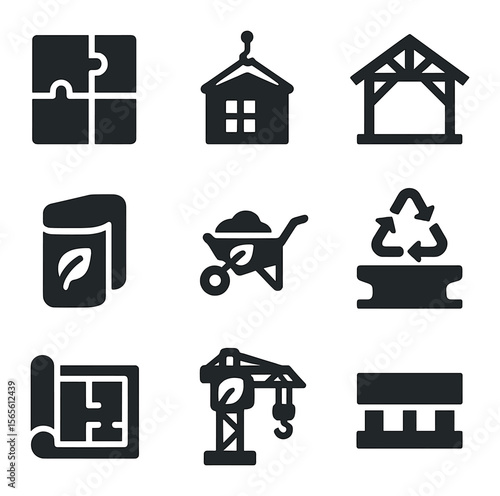 Eco Construction Icons. Solid, filled icons set of eco-friendly construction methods: modular wall panel,