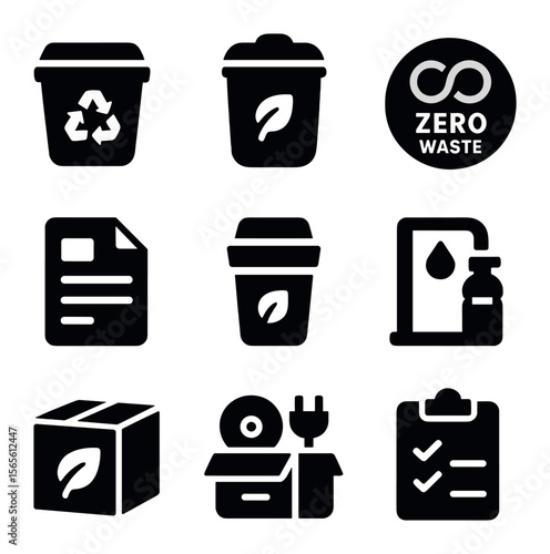 Office Waste Reduction Icons. Solid, filled icons set of waste reduction in offices: recycling bin, composting