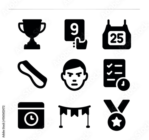 Dance Competition Icons. Solid, filled icons set of dance competition preparation: award trophy, judge