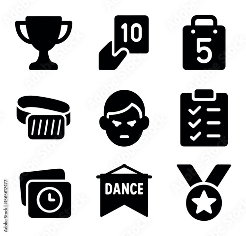 Dance Competition Icons. Solid, filled icons set of dance competition preparation: award trophy, judge