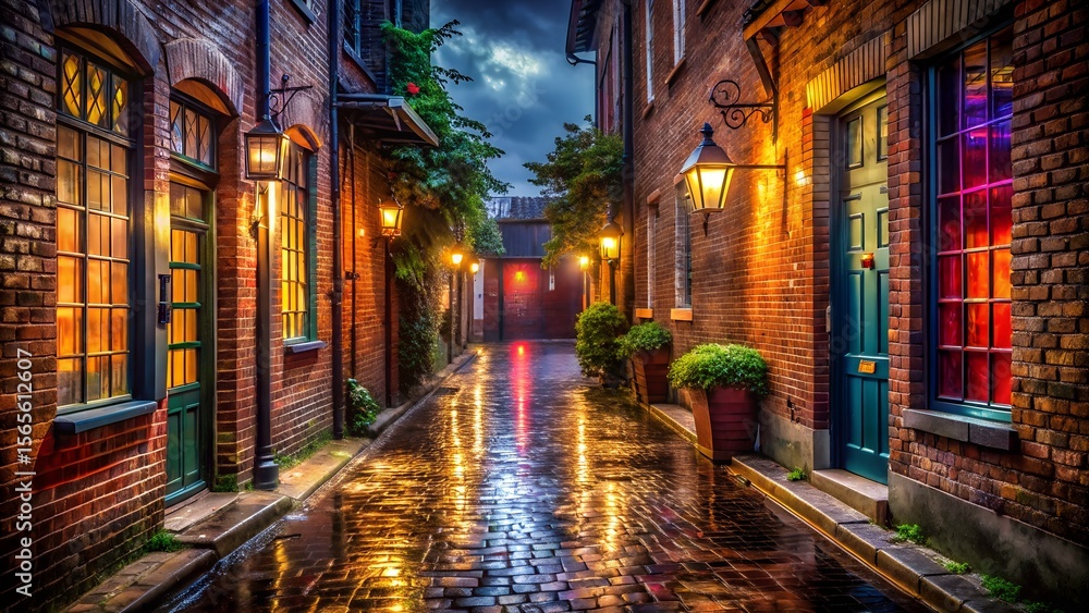 Fototapeta premium A charming cobblestone street, illuminated by warm lamplight on a rainy night, creates a cozy and romantic atmosphere