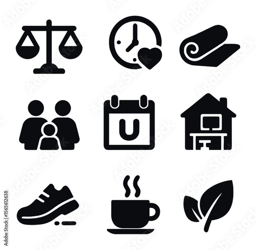 Work-Life Balance Icons. Solid, filled icons set of work-life balance essentials: balanced scale, clock with