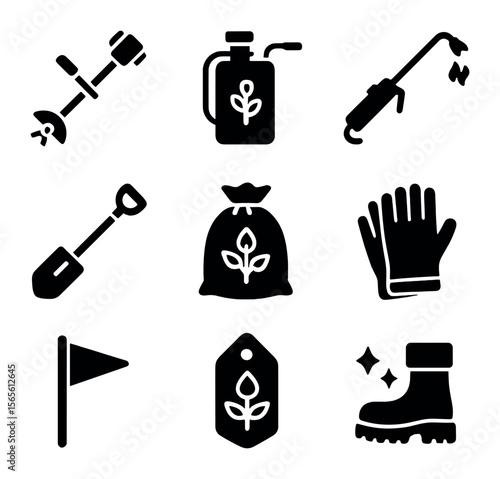 Invasive Plant Management Icons. Solid, filled icons set of invasive plant management: brush cutter, herbicide