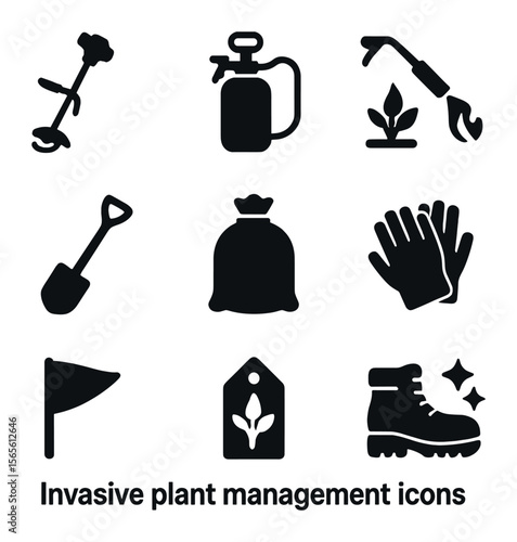 Invasive Plant Management Icons. Solid, filled icons set of invasive plant management: brush cutter, herbicide