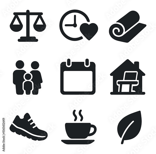 Work-Life Balance Icons. Solid, filled icons set of work-life balance essentials: balanced scale, clock with