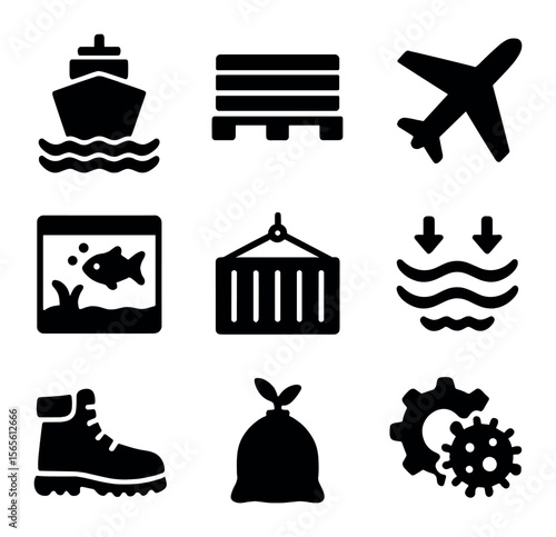 Invasive Pathways Icons. Solid, filled icons set of invasive spread pathways: cargo ship hull, wooden pallet,