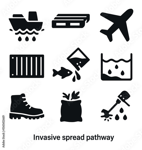 Invasive Pathways Icons. Solid, filled icons set of invasive spread pathways: cargo ship hull, wooden pallet,